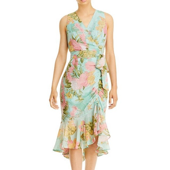 Eliza J Min Blue Pink Floral Sleeveless V-Neck Faux Wrap Front Ruffle Midi Dress - Picture 1 of 13